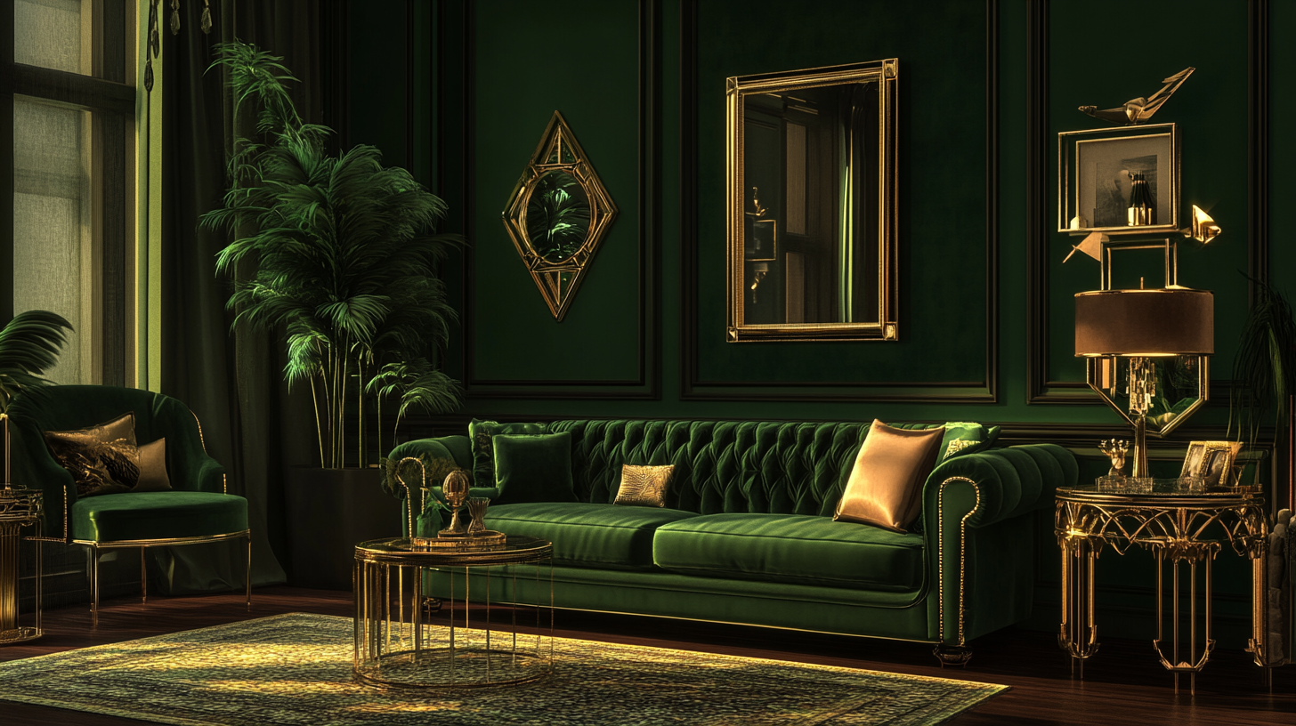 Eleganckie wnętrze w stylu Art Déco z zieloną sofą i złotymi akcentami