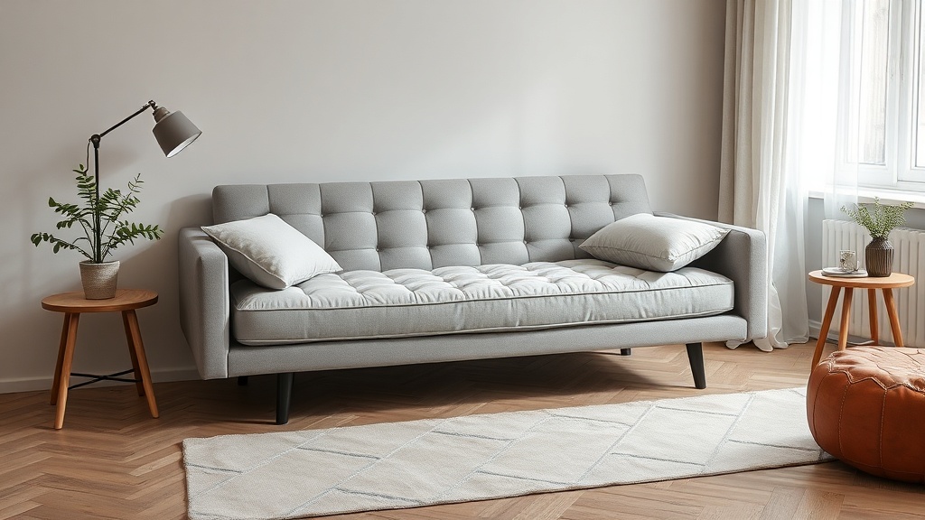 Jasny salon w stylu skandynawskim z tapczanem do spania w szarej tkaninie i stolikiem kawowym