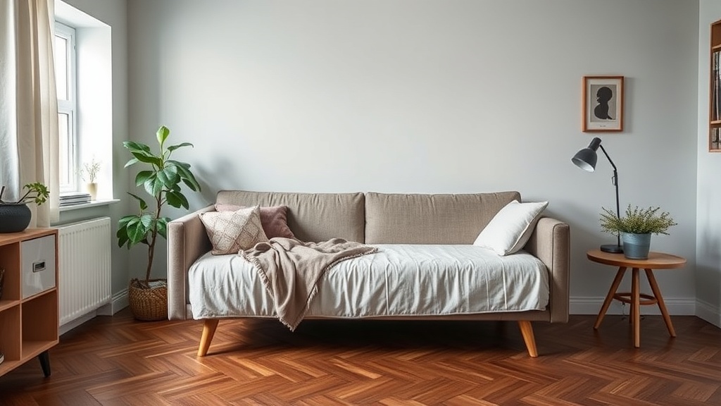 Nowoczesny salon z rozkładanym tapczanem w szarej tkaninie