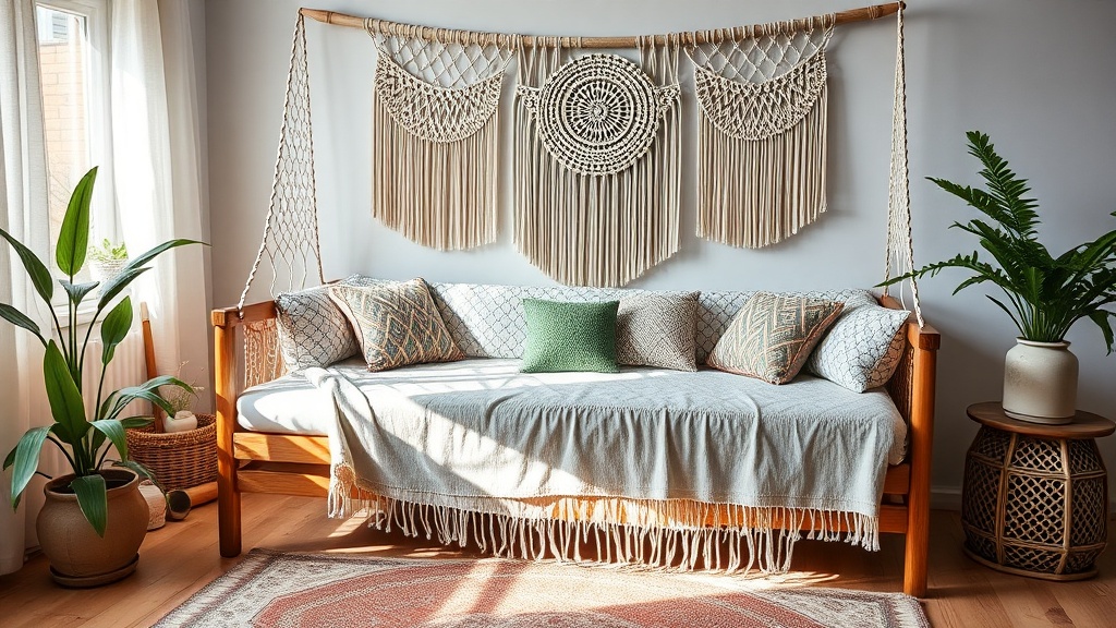 Tapczan w stylu boho na drewnianych nóżkach, jasna tkanina bukla, dodatki z juty i drewna