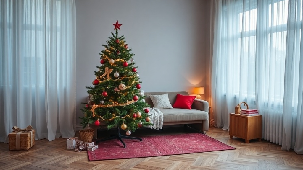 Choinka w salonie obok beżowego tapczanu na wysokich nóżkach, bezpieczny dystans i lampki LED