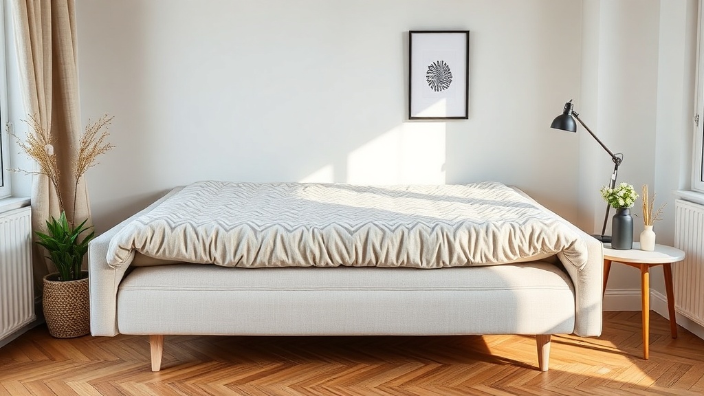 Nowoczesny salon z tapczanem rozkładanym w szarym obiciu i topperem