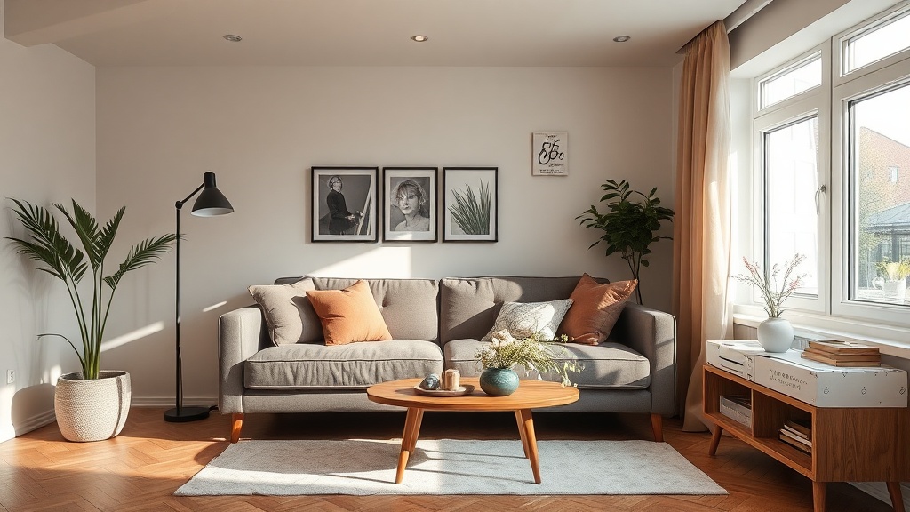 Detale retro przy tapczanie: fornirowany stolik, lampa stożkowa i geometryczne poduszki