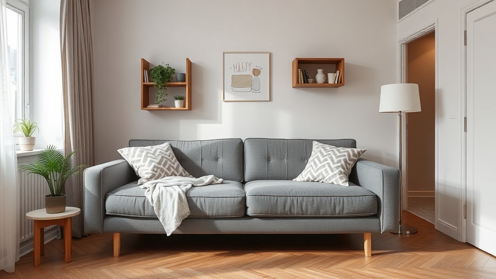 Wąski salon z szarą sofą ustawioną przy ścianie i lekkim stolikiem dającym przejście 70 cm
