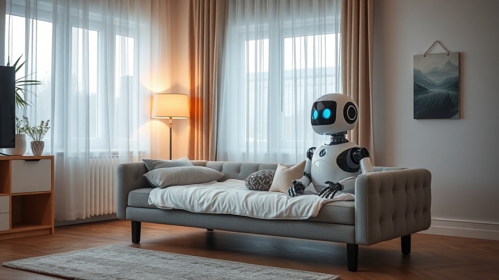 Robot sprzątający pracujący przy sofie w jasnym salonie