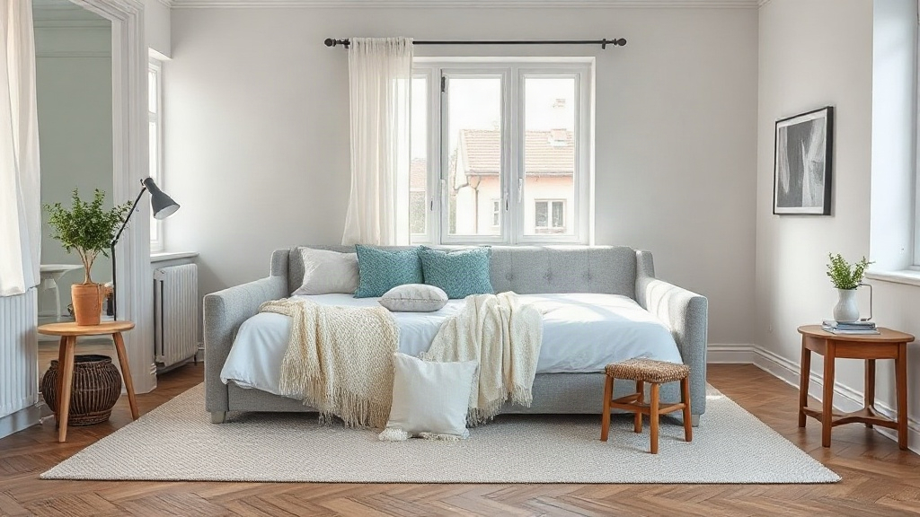 Tapczan 160x200 rozłożony do spania w małym salonie
